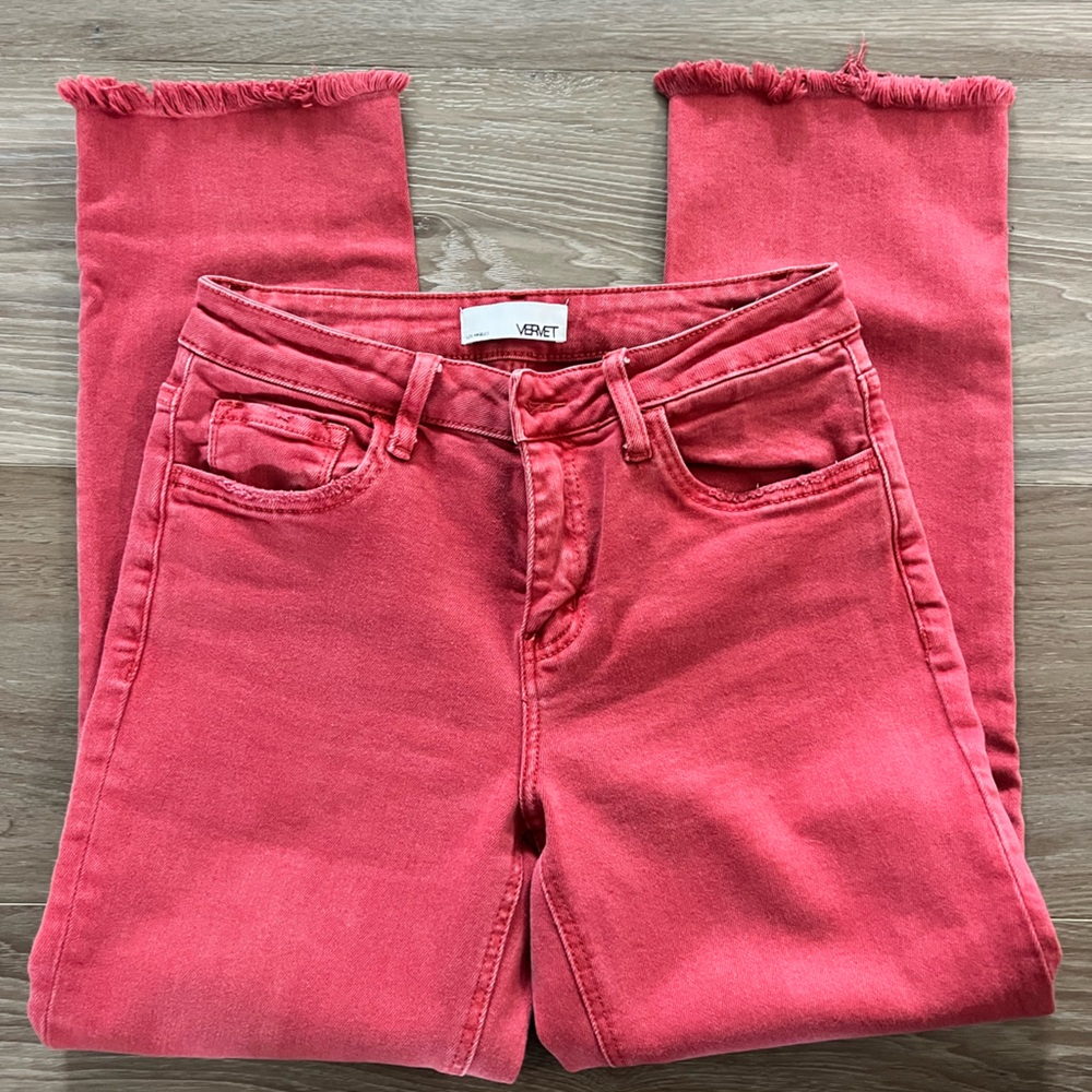 Mid Rise Slim Straight Jeans in
Pompeian Red